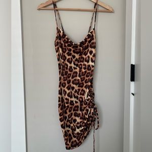 Tan Cowl Neck Leopard Print Ruched Side Bodycon Dress